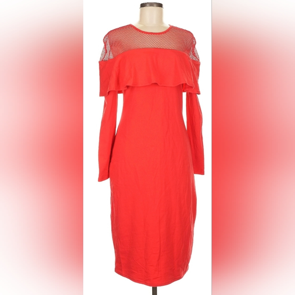NWT Project Runway, red long sleeve knit, fishet shoulder midi dress L